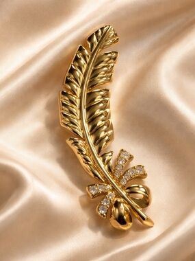 Monet Gold-Tone Feather Brooch with Clear Crystals